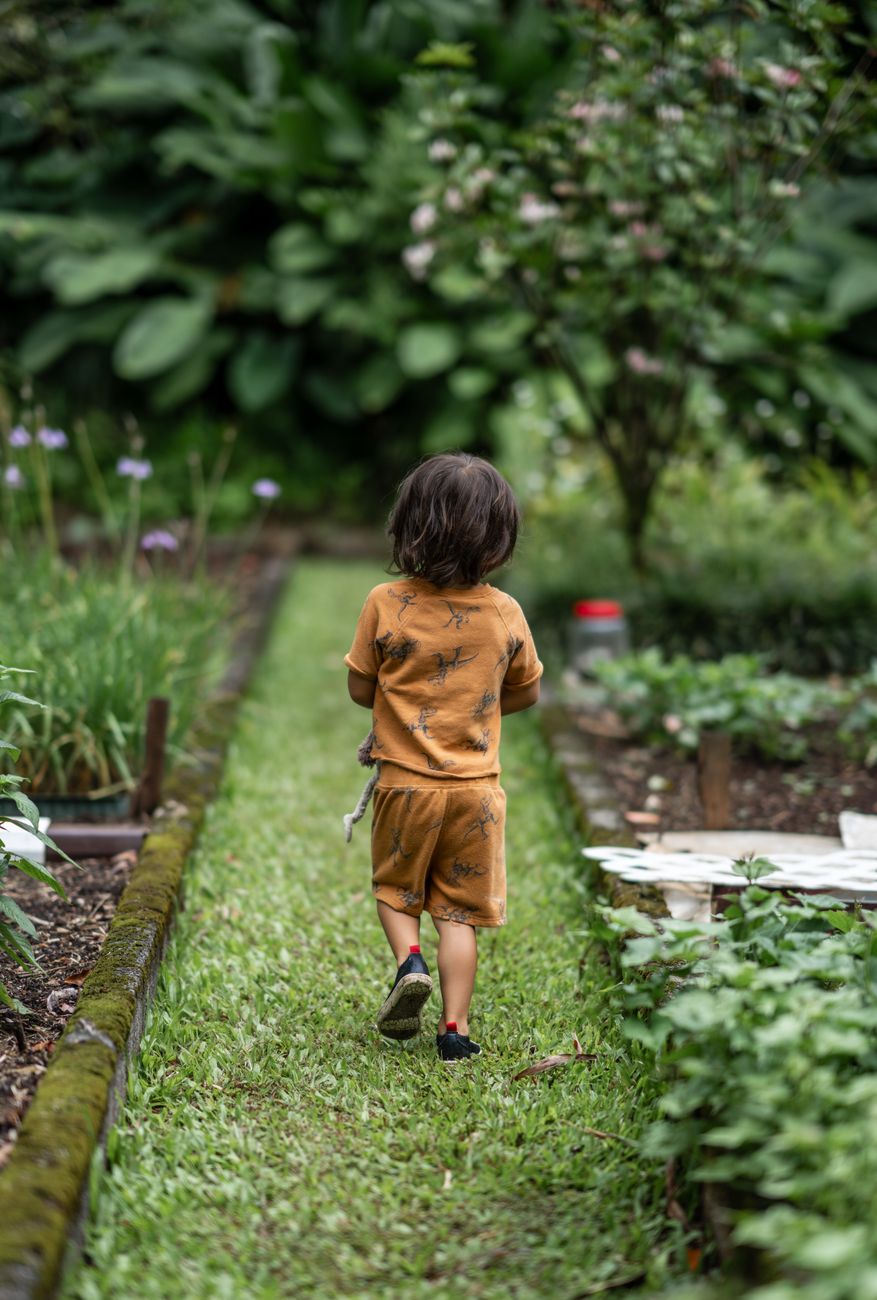 Niña recorriendo un sendero entre plantas del jardín